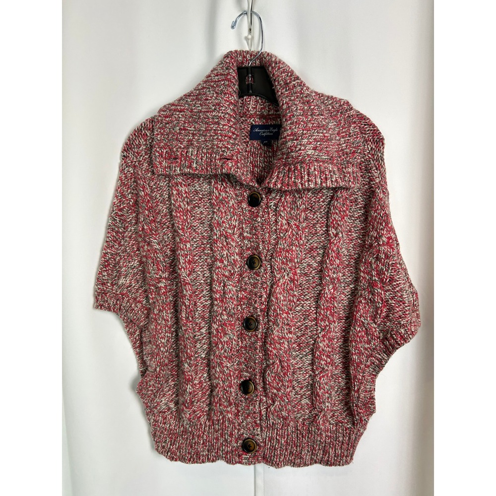 Y2K American Eagle Red Gray Cable Knit Button Front Cardigan Sweater Boho M
